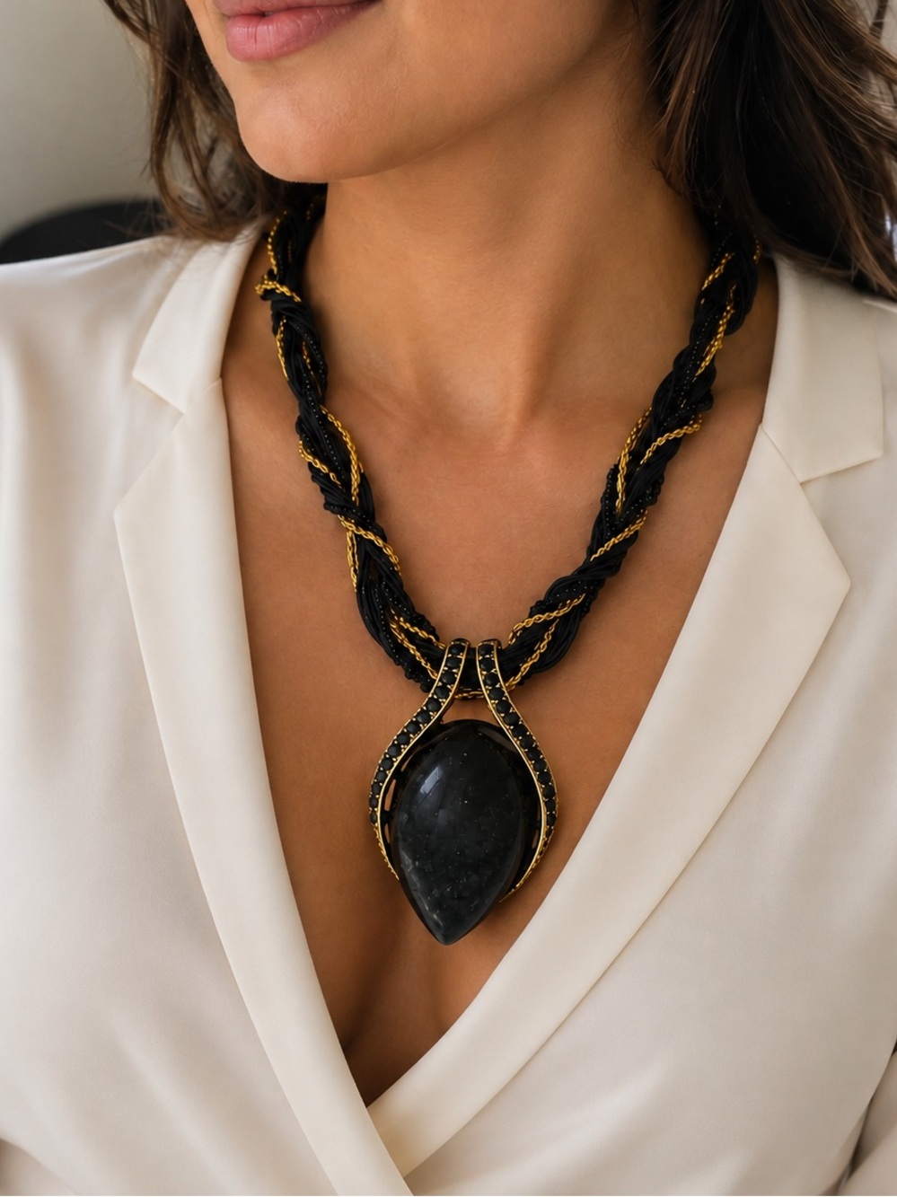 Elegant Black & Gold Statement Necklace with Teardrop Pendant